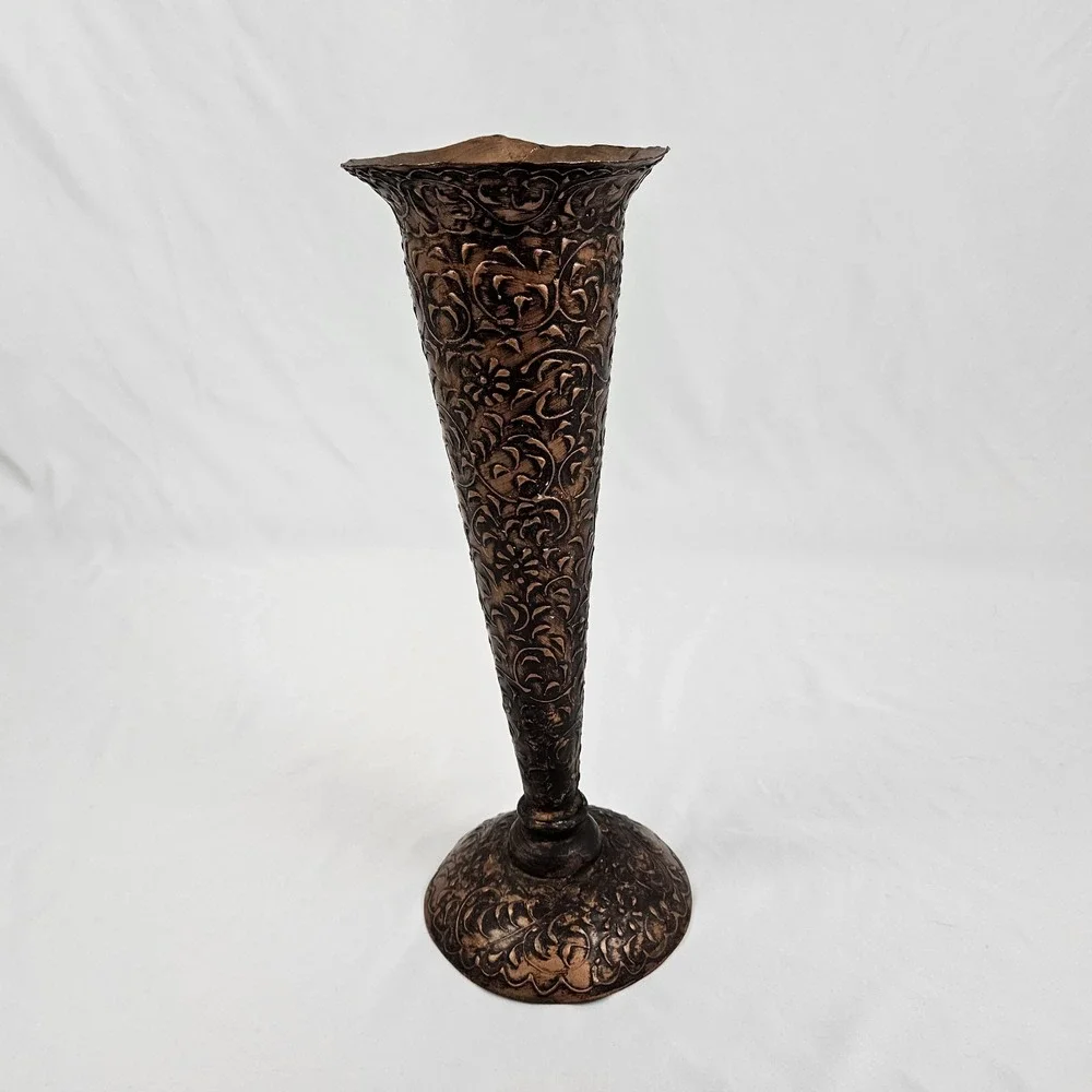 Embossed Copper Trumpet Pedestal Vase Arts & Crafts Boho Whimsical